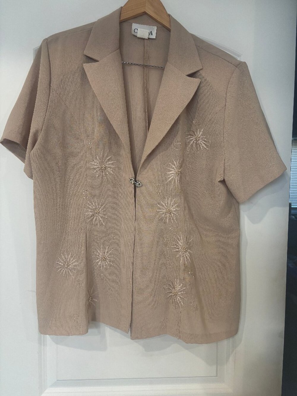 Vintage CLARA Beige Embroidered Floral Short Sleeve Blazer Jacket 3X - USA Made